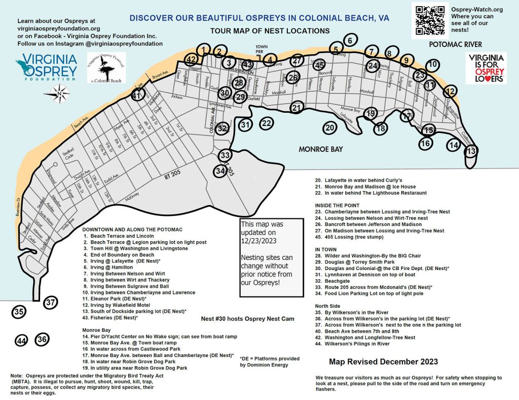 Map of Colonial Beach with points marked for confirmed nesting sites for Osprey.